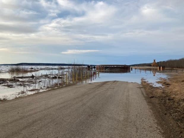 Fort Simpson Mayor Sean Whelly said Saturday morning that rising water levels on the Mackenzie River have started to flood areas of the island, including the Flats, and have made some roads impassable. (Submitted by Sean Whelly - image credit)