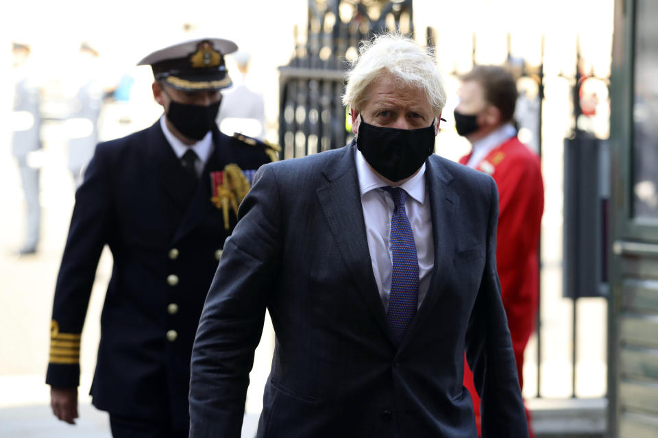 Britain's Prime Minister Boris Johnson arrives for a service to mark the 80th anniversary of the Battle of Britain at Westminster Abbey, London, Sunday, Sept. 20, 2020. (Aaron Chown/Pool Photo via AP)