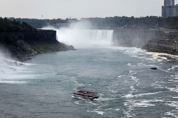 PHOTO: Tourists ride the Hornblower cruise ship in Niagara Falls, Ontario, Canada, Aug. 9, 2021. (Bloomberg via Getty Images)