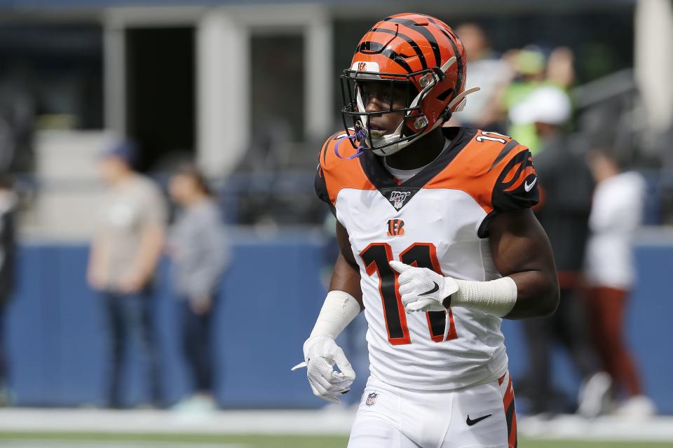 Cincinnati Bengals wide receiver John Ross (11) runs drills during warmups before the first quarter of the NFL Week 1 game between the Seattle Seahawks and the Cincinnati Bengals at CenturyLink Field in Seattle on Sunday, Sept. 8, 2019.