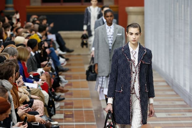 Looks from the Thom Browne Fall 2019 collection. Photo: Estrop/Getty Images<br>