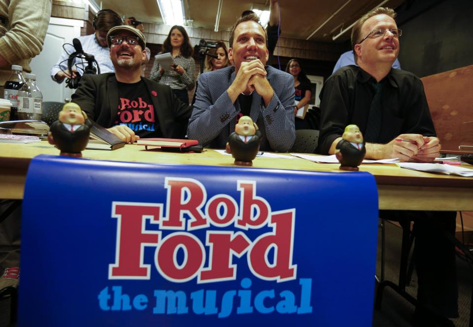 Writers Regan, McCaig, and composer Bastinon watch auditions for "Rob Ford The Musical: The Birth of a Ford Nation" in Toronto