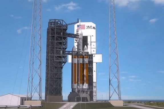 Artist's concept of a Delta 4 Heavy rocket standing poised on the pad ready to launch NASA's Exploration Flight Test-1 (EFT-1). The first flight of Orion is now slated for December 2014.