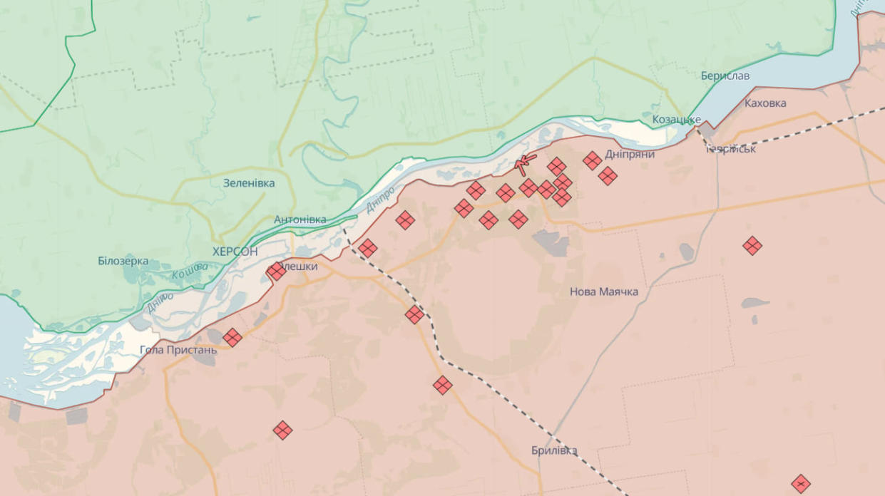 The map of active hostilities in Kherson Oblast; the green colour indicates Ukrainian-controlled territory, and the red indicates the territories held by Russian occupying forces. Photo: DeepStateMap