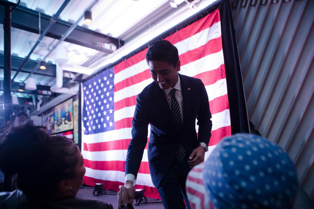 Cicninnati Mayor Aftab Pureval greets voters. Pureval is expected to speak Wednesday at the Democratic National Convention in Chicago.