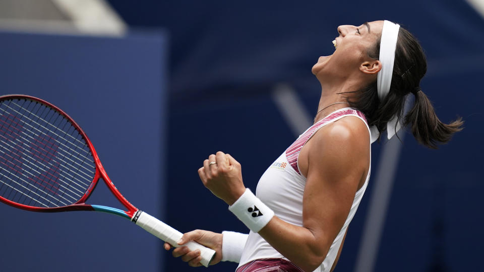 Caroline Garcia, of France, celebrates after defeating Alison Riske, of the United States, during the fourth round of the U.S. Open tennis championships, Sunday, Sept. 4, 2022, in New York. (AP Photo/Julia Nikhinson)