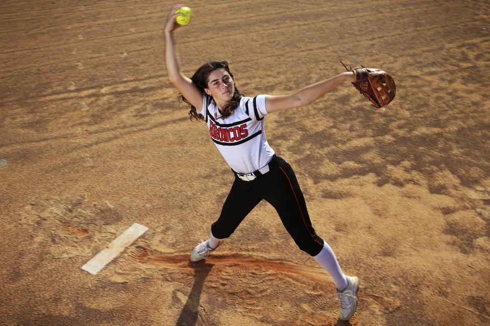 Mallory Forrester delivers a pitch Wednesday, June 15, 2022 at Middleburg High School. The senior right-handed pitcher and All-First Coast softball player of the year recorded nine consecutive victories in the final month to lead Middleburg to its first-ever Class 5A state softball championship. She has signed with Flagler College. [Corey Perrine/Florida Times-Union]