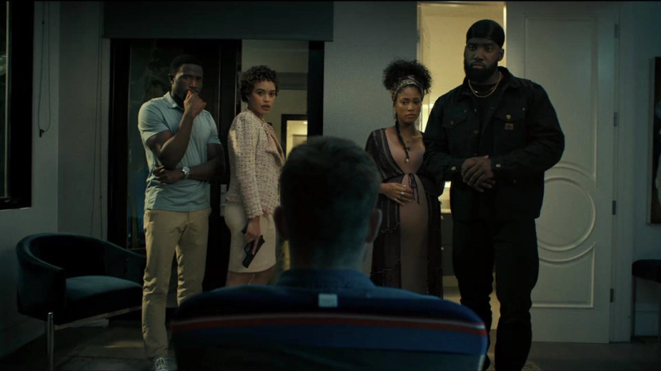 James (Y'lan Noel, far left) and Vanessa (Cleopatra Coleman) hold a white cop prisoner in their house and their company (Lex Scott Davis and Shamier Anderson) find out in "A Lot of Nothing."