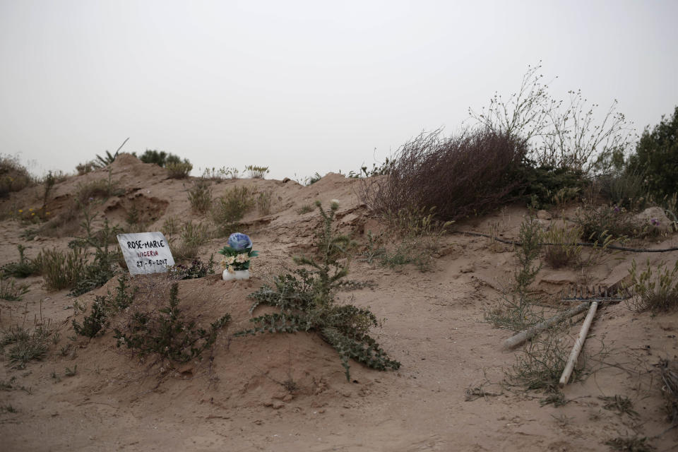 This April 15, 2018 photo shows the "Cemetery of the Unknown" which holds bodies of migrants who were found dead on the shores near the southern port town of Zarzis, Tunisia. The bodies are retrieved by retired fisherman Chamsedding Marzouk, who has made it his life's work to provide a proper burial to the foreigners even though they die without a name. (AP Photo/Nariman El-Mofty)