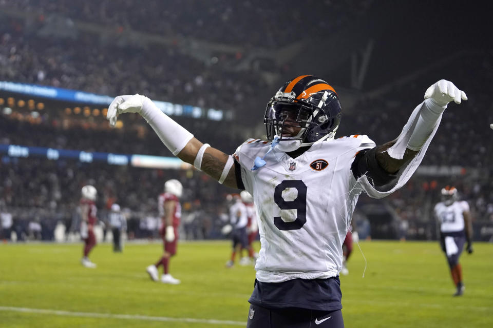 Chicago Bears safety Jaquan Brisker celebrates after Arizona Cardinals wide receiver Rondale Moore was unable to catch a pass from quarterback Kyler Murray during the second half of an NFL football game Sunday, Dec. 24, 2023, in Chicago. (AP Photo/Erin Hooley)