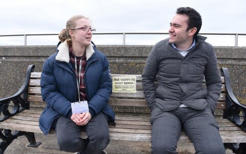 Gemma Ferguson talks to Luke Mintz on Burnham-on-Sea's chatty bench. Gemma was made homeless at 18 and said she never felt more isolated. - Credit: JAY WILLIAMS