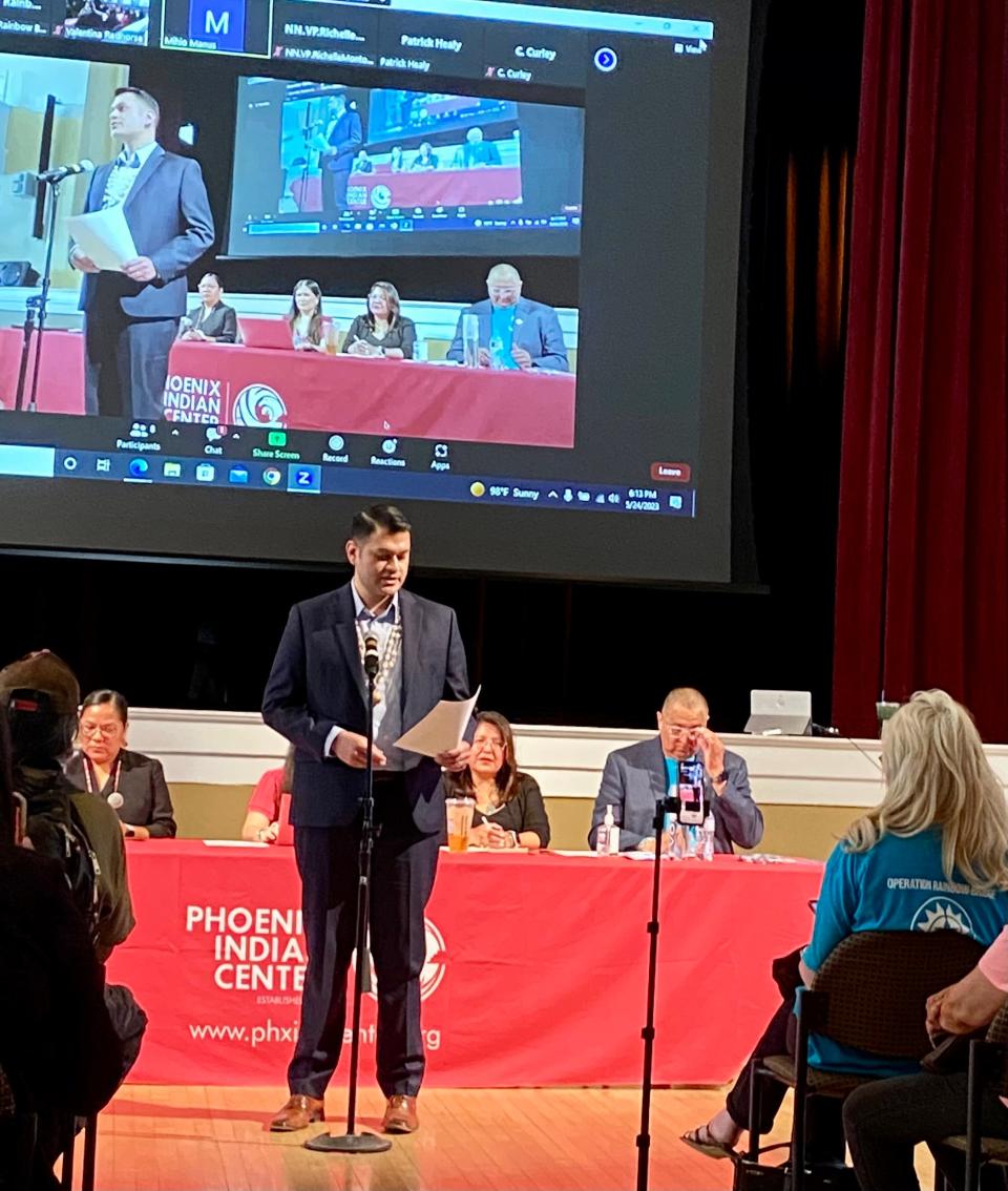 Jason Chavez, tribal affairs director for Gov. Katie Hobbs, addresses the audience on May 24, 2023, about the fraudulent rehab centers that have been targeting Indigenous individuals thought out the state and beyond.