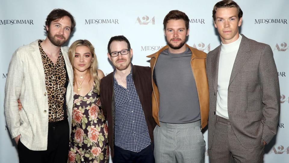 Actors Vilhelm Blomgren, Florence Pugh, director Ari Aster, actors Jack Reynor and Will Poulter attend the "Midsommar" New York screening in 2019. 