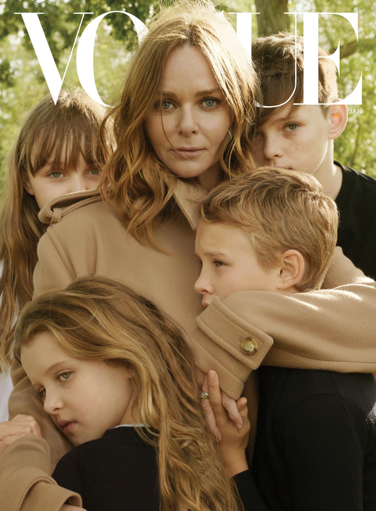 This month, Vogue celebrates four fearless creative forces, role models, and mothers with a quartet of covers.  
Stella McCartney
McCartney and her children (clockwise from top left), Bailey, Miller, Beckett, and Reiley, all wear Stella McCartney. Hair, George Northwood; makeup: Kirstin Piggott. Fashion Editor: Tonne Goodman