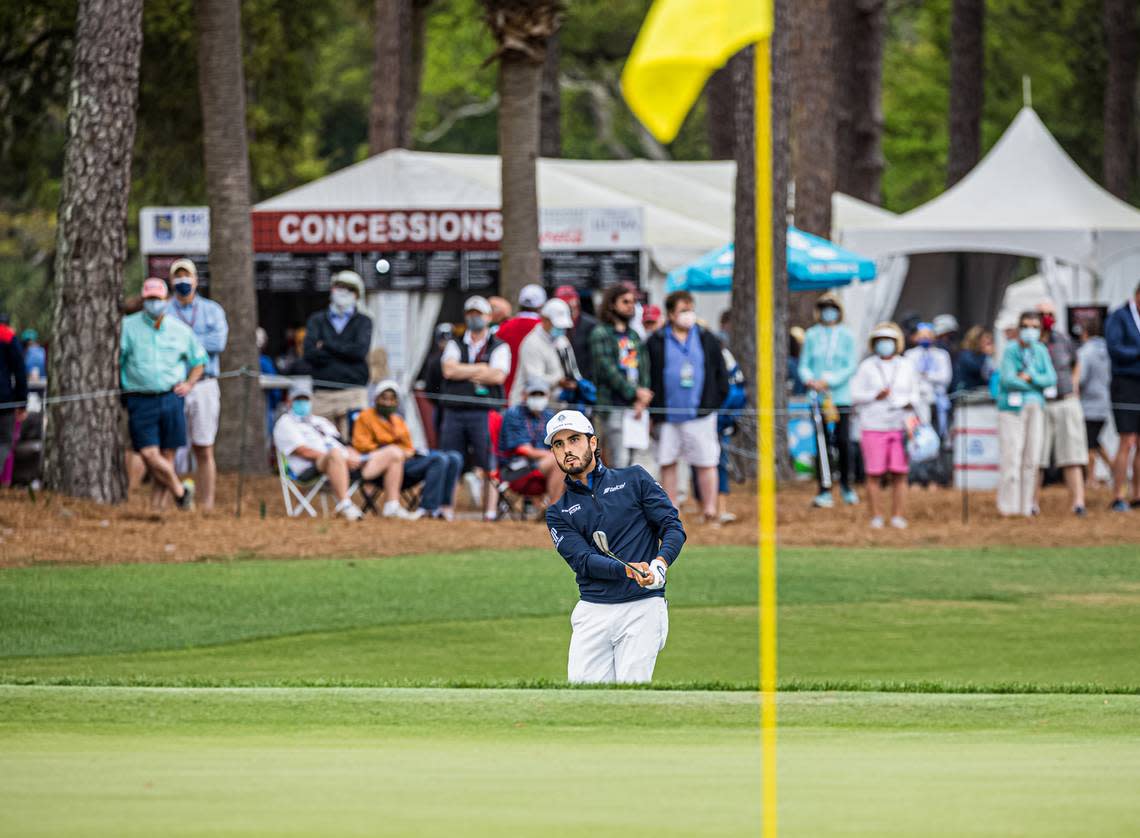 Abraham Ancer pitches to the 9th green during the second round of tournament play of the RBC Heritage Presented by Boeing on Friday, April 16, 2021 at Harbour Town Golf Links in Sea Pines on Hilton Head Island.