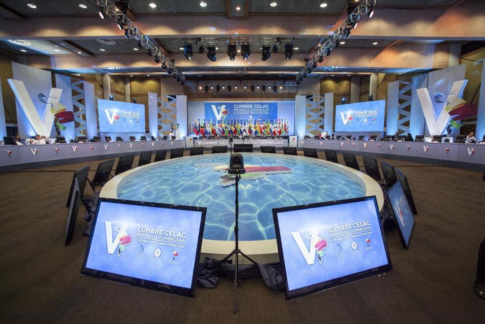 The venue for the V Summit of the Community of Latin American and Caribbean States stands ready in Bavaro, Dominican Republic, Wednesday, Jan. 25, 2017. (AP Photo/Tatiana Fernandez)