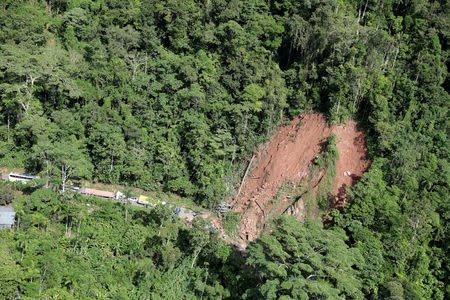 An aerial view shows a landslide caused by a quake in Yurimaguas, in the Amazon region, Peru May 26, 2019. REUTERS/Guadalupe Pardo