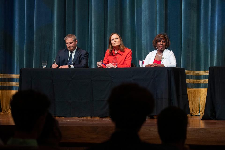 Nashville mayoral candidates from left Sen. Jeff Yarbro, Alice Rolli, business and education strategist, and Vivian Wilhoite, Davidson County assessor of property, answer questions during a debate for the Nashville mayoral candidates at Fisher Performing Arts Center in Nashville , Tenn., Thursday, May 18, 2023.