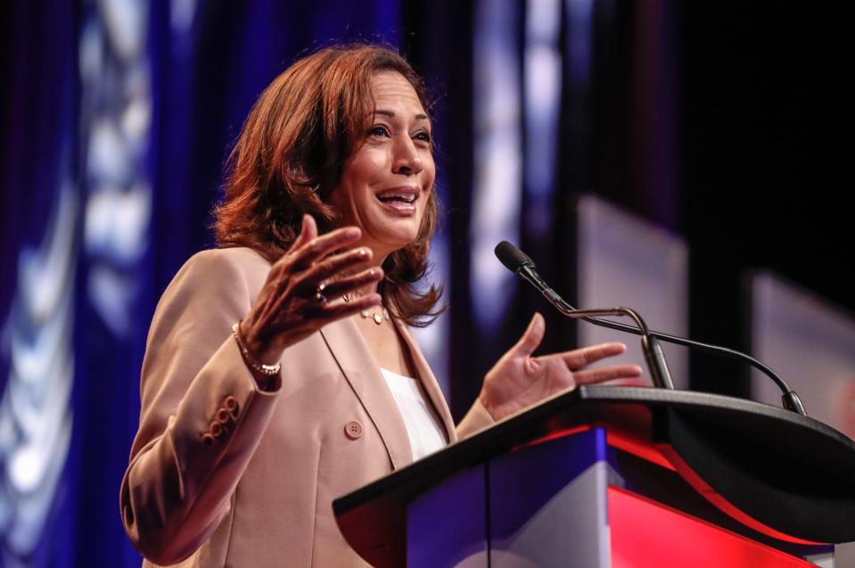 Junior United States Senator from California, and Presidential candidate, Kamala Harris speaks during the National Urban League Conference in Indianapolis on Friday, July 26, 2019. “