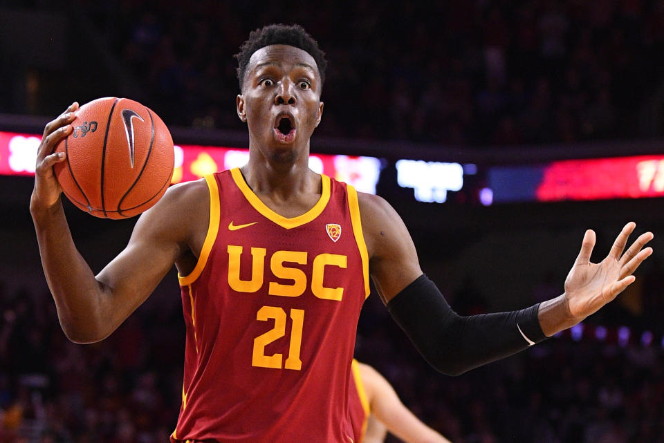 USC Trojans forward Onyeka Okongwu (21) reacts to a foul call during the college basketball game between the UCLA Bruins and the USC Trojans on March 7, 2020 at Galen Center 