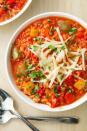 <p>This soup has everything you like about a <a href="https://www.delish.com/cooking/recipe-ideas/a23014857/classic-stuffed-peppers-recipe/" rel="nofollow noopener" target="_blank" data-ylk="slk:classic stuffed pepper;elm:context_link;itc:0;sec:content-canvas" class="link ">classic stuffed pepper</a>—ground beef, rice, tomatoes, and CHEESE. It's perfect on its own or served with <a href="https://www.delish.com/cooking/recipe-ideas/a20079535/best-homemade-cornbread-recipe/" rel="nofollow noopener" target="_blank" data-ylk="slk:homemade cornbread;elm:context_link;itc:0;sec:content-canvas" class="link ">homemade cornbread</a> or a <a href="https://www.delish.com/cooking/recipe-ideas/g2877/summer-salads/" rel="nofollow noopener" target="_blank" data-ylk="slk:summer salad;elm:context_link;itc:0;sec:content-canvas" class="link ">summer salad</a>.</p><p>Get the <strong><a href="https://www.delish.com/cooking/recipe-ideas/a21925560/best-stuffed-bell-pepper-soup-recipe/" rel="nofollow noopener" target="_blank" data-ylk="slk:Stuffed Pepper Soup recipe;elm:context_link;itc:0;sec:content-canvas" class="link ">Stuffed Pepper Soup recipe</a></strong>.</p>