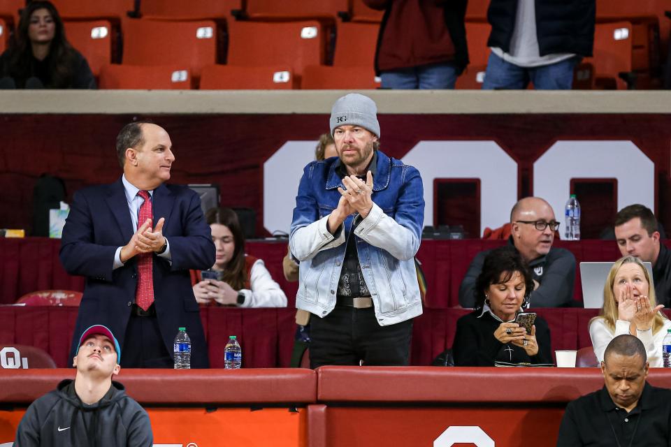 Toby Keith watches the first half during a college basketball game between the Oklahoma Sooners (OU) and the Iowa State Cyclones at Lloyd Noble Center in Norman, Okla., Wednesday, Jan. 3, 2023.