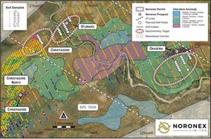 Mineral mapping from remote sensing data highlighting chlorite-carbonate alteration (green zones) between Christiadore, Otjiwaru and Okasewa. Soil sample points coloured by copper. Planned drill traverses and IP lines.