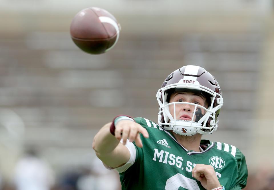 Mississippi State primary quarterback Will Rogers (2) passes the ball during the fourth quarter of the annual spring game Sat. April 15, 2023 in Starkville, Miss.