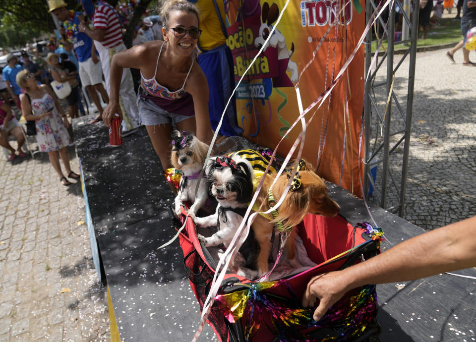 A woman and her dogs take part in a costume competition during the "Blocao" dog carnival parade, in Rio de Janeiro, Brazil, Saturday, Feb. 18, 2023. (AP Photo/Silvia Izquierdo)