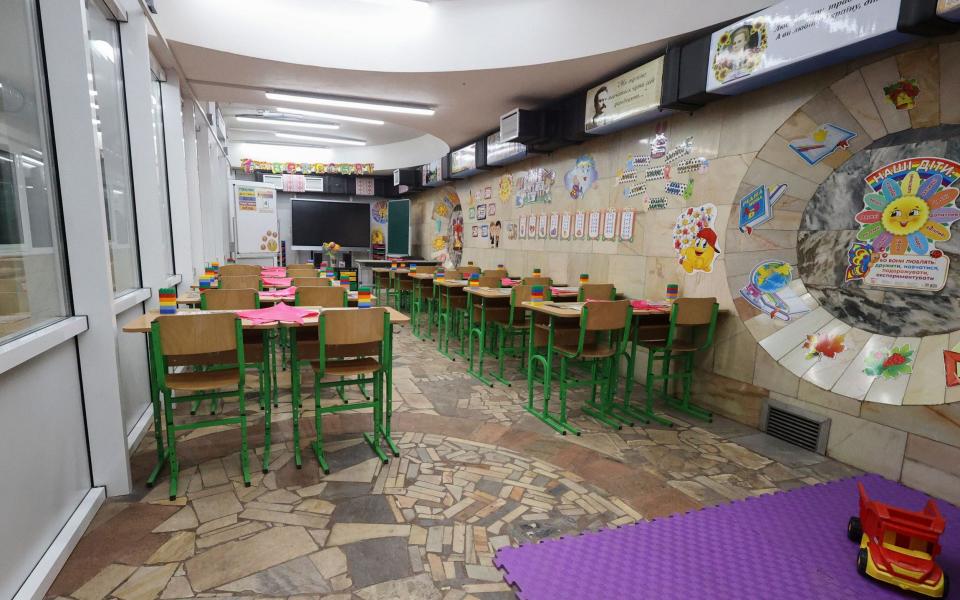 An classroom has been built in an underground shelter in Kharkiv and will be used during Russian air raids