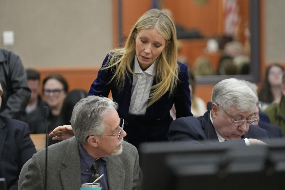 FILE - Gwyneth Paltrow speaks with retired optometrist Terry Sanderson, left, as she leaves the courtroom following the reading of the verdict in their trial on March 30, 2023, in Park City, Utah. A jury decided that Paltrow was not responsible for a 2016 ski collision with Sanderson at a posh Utah ski resort. (AP Photo/Rick Bowmer, File)