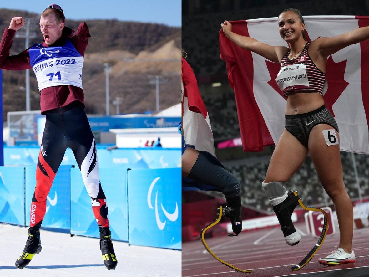 A composite image shows Canadian Paralympians Mark Arendz, left, and Marissa Papaconstantinou. CBC/Radio-Canada and the Canadian Paralympic Committee announced a broadcast partnership Wednesday for the 2024 and 2026 Paralympics. (The Canadian Press - image credit)
