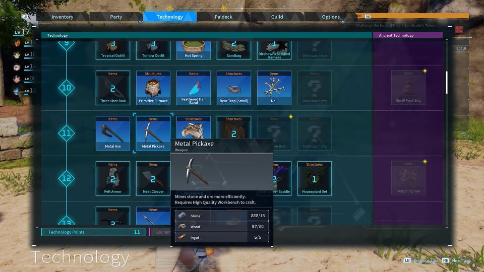 The Metal Pickaxe shown in the Crafting Menu of the Crafting Bench