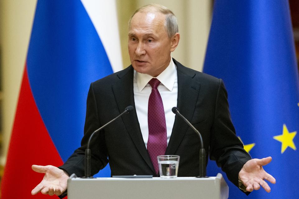 Russian President Vladimir Putin speaks during a news conference after his meeting with President of the Republic of Finland Sauli Niinisto at the President's official residence Mantyniemi in Helsinki, Finland, Wednesday, Aug. 21, 2019. Putin has warned opposition protesters that they must abide by the law or face the consequences. (AP Photo/Alexander Zemlianichenko, Pool)