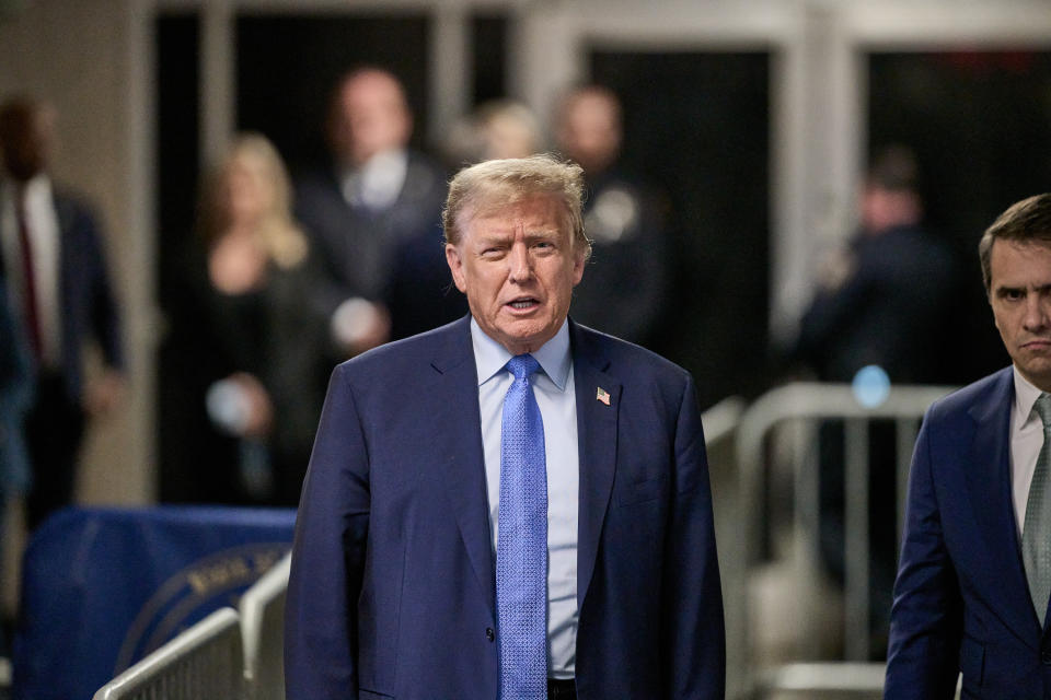 NEW YORK, NEW YORK - APRIL 26: Former U.S. President Donald Trump speaks to the media at the end of the day during his trial for allegedly covering up hush money payments at Manhattan Criminal Court on April 26, 2024 in New York City. Former U.S. President Donald Trump faces 34 felony counts of falsifying business records in the first of his criminal cases to go to trial.  (Photo by Curtis Means-Pool/Getty Images)