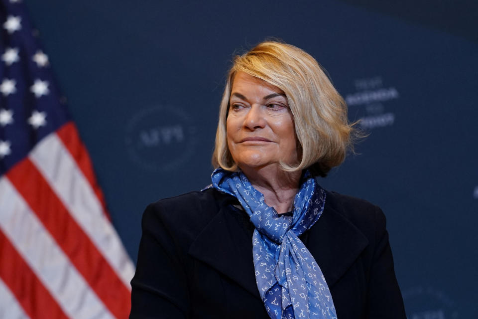 Senator Cynthia Lummis (R-WY) listens during a panel titled ''Make the Greatest Economy in the World Work for All Americans'' at the America First Policy Institute America First Agenda Summit in Washington, U.S., July 26, 2022. REUTERS/Sarah Silbiger