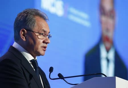 Russian Defence Minister Sergei Shoigu delivers a speech during the annual Moscow Conference on International Security (MCIS) in Moscow, Russia, April 26, 2017. REUTERS/Maxim Shemetov