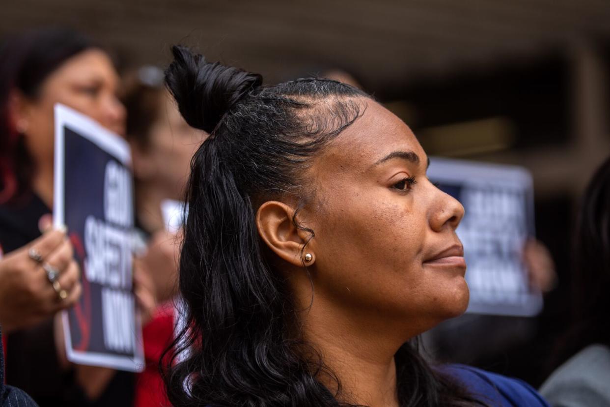 Lanaisha Edwards with Crime Survivors for Safety and Justice spoke at a press conference on Monday.