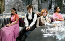 <p>Shefali Chowdhury as Parvarti Patil, Daniel Radcliffe as Harry Potter, Rupert Grint as Ron Weasley and Afshan Azad as Padma Patil in Warner Bros. Pictures' Harry Potter and the Goblet of Fire - 2005</p>