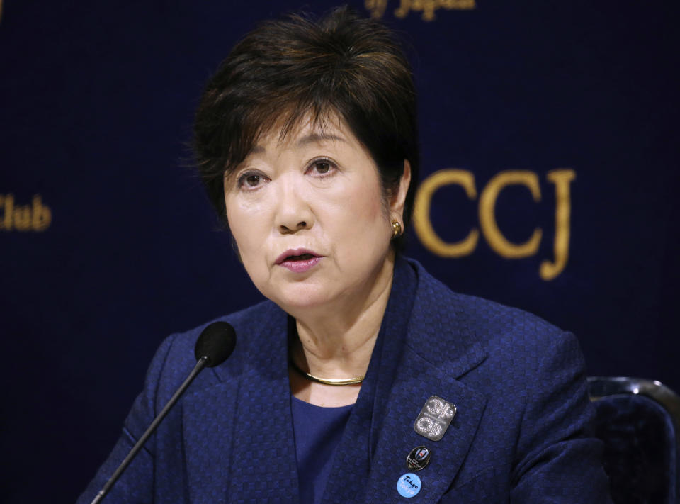 Governor of Tokyo Yuriko Koike speaks during a press conference in Tokyo, Monday, Feb. 18, 2019. Gov. Koike has declined to weigh in on the future Japanese Olympic Committee President Tsunekazu Takeda. Takeda is being investigated for his part in a bribery scandal that French investigators believe may have helped Tokyo win the 2020 Olympics in a vote by the International Olympic Committee.(AP Photo/Koji Sasahara)