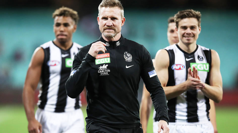 Nathan Buckley, pictured here after coaching his final match for Collingwood.