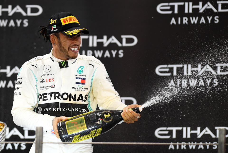 Lewis Hamilton celebrates a victorious end to the 2020 season. (Credit: Getty Images)