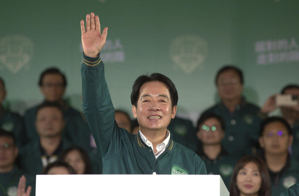 FILE - Taiwanese Vice President Lai Ching-te, also known as William Lai celebrates his victory after Taiwan's presidential election, in Taipei, Taiwan, Saturday, Jan. 13, 2024. Lai Ching-te is set to take office as Taiwan's new president on May 20. Building on the legacy of incumbent president Tsai, Ing-wen means aiming to strike a balance between cultivating Taiwan's unofficial alliance with the United States, and maintaining peace with China, which claims Taiwan as its own territory, to be retaken by force if necessary. (AP Photo/Chiang Ying-ying, File)