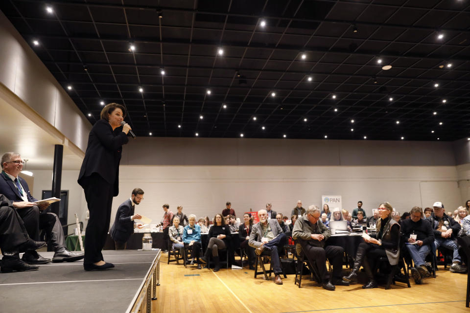 Democratic presidential candidate Sen. Amy Klobuchar, D-Minn., speaks during the Iowa Farmers Union Presidential Forum, Friday, Dec. 6, 2019, in Grinnell, Iowa. (AP Photo/Charlie Neibergall)