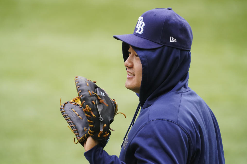 Tampa Bay Rays first baseman Ji-Man Choi warms up during batting practice before Game 4 of the baseball World Series Saturday, Oct. 24, 2020, in Arlington, Texas. (AP Photo/Tony Gutierrez)