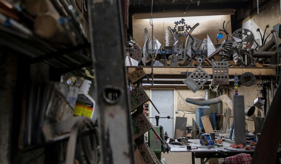 Multiple metal art pieces created by brothers Israel Nordin and Erik Nordin sit inside the Detroit Design Center in Detroit on Tuesday, April 11, 2023. 