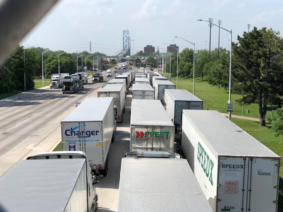 Commercial traffic bound for Detroit via the Ambassador Bridge in Windsor, Ont., was backed up on June 15, 2022.