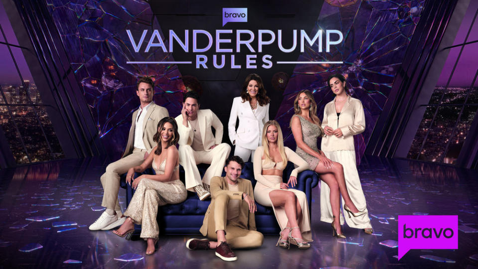 Seven cast members from "Vanderpump Rules" pose in stylish attire for a promotional picture