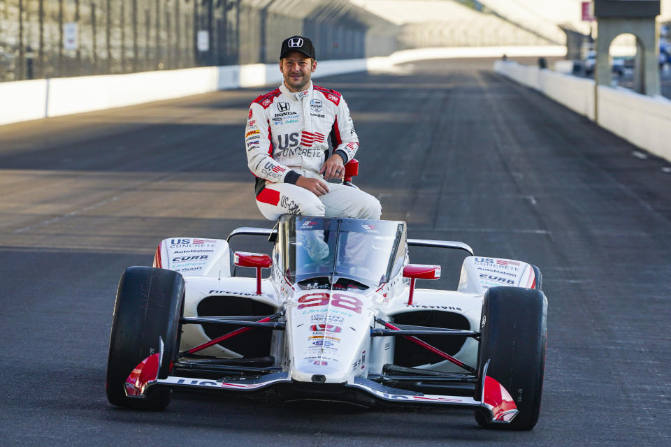 FILE - Marco Andretti poses during the front row photos session for the Indianapolis 500 auto race at Indianapolis Motor Speedway in Indianapolis, in this Monday, Aug. 17, 2020, file photo. Marco Andretti made the decision at the start of this year to step away from full-time racing and essentially end three generations of the most famous family in motorsports competing at the highest level. (AP Photo/Michael Conroy, File)