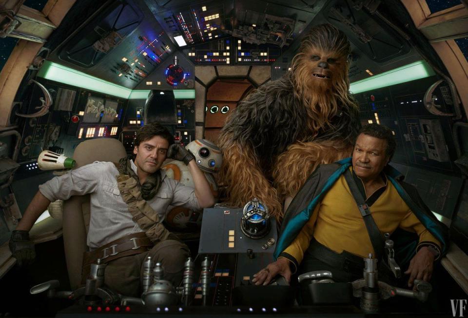 Lando Calrissian (Billy Dee Williams), Poe Dameron (Oscar Isaac), Chewbacca, D-O, and BB-8 in the Millennium Falcon in Star Wars: The Rise of Skywalker